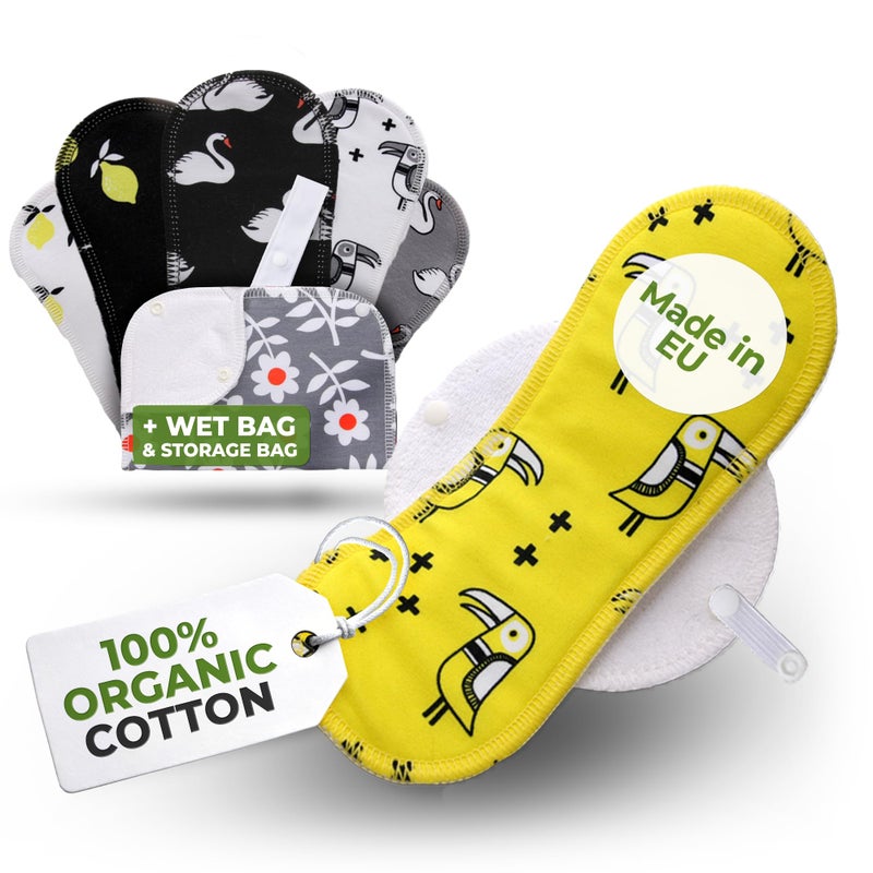 Made in EU â€“ Reusable Sanitary Pads for Light Flow (6 Pack, S+M) â€“ High-Temp Washable, Durable Cloth Period Pads for Women & Teens â€“ Breathable Organic Cotton & Secure-Fit for Menstrual Comfort